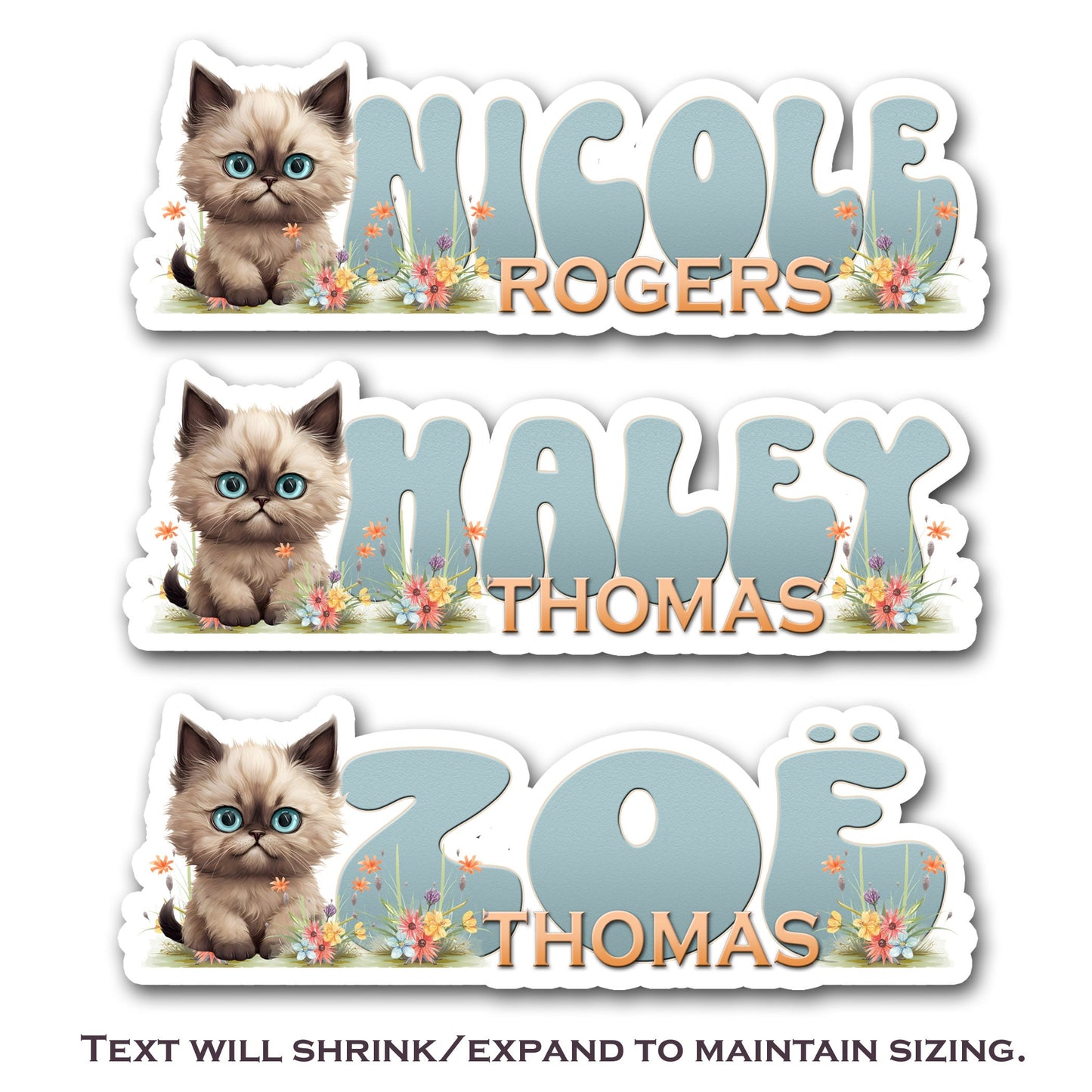 Cute Kitty Cat Name Sticker, Custom First Last Name Waterproof Decals, Personalized School Supply Label, Stickers for Laptop Waterbottle