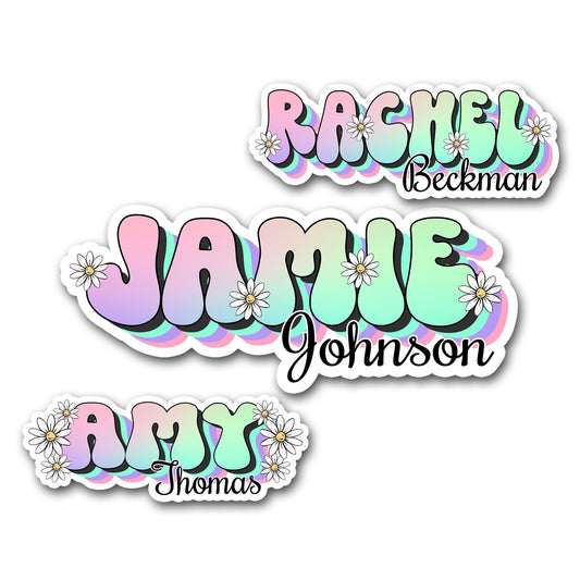 Retro First Last Name Sticker, Custom Text Sticker, Rainbow Personalized Sticker, Laptop Sticker, 60s Hippie Sticker, Daisy Vintage Sticker