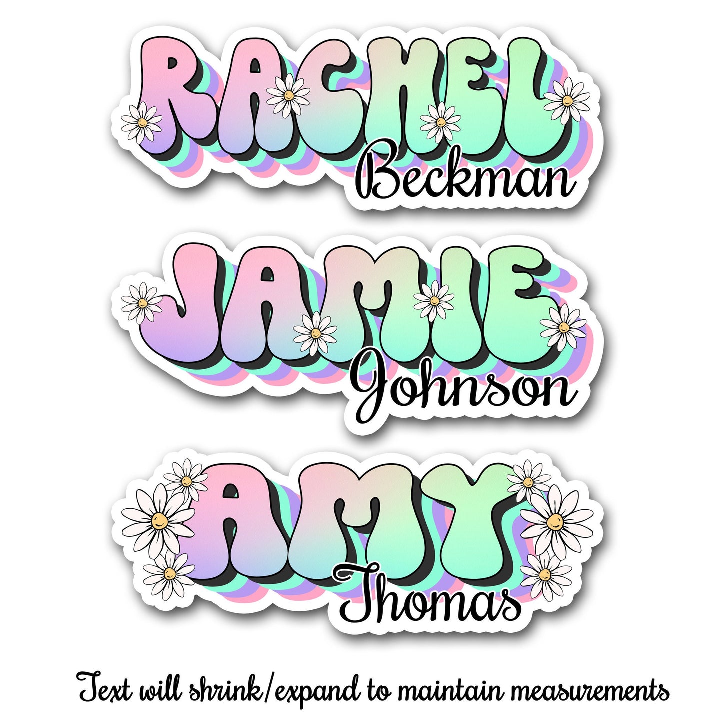 Retro First Last Name Sticker, Custom Text Sticker, Rainbow Personalized Sticker, Laptop Sticker, 60s Hippie Sticker, Daisy Vintage Sticker