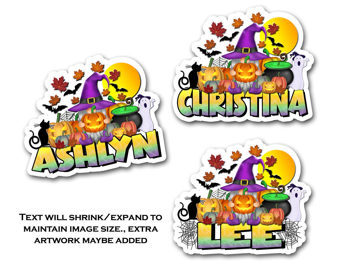 Halloween Name Sticker, Custom Text Sticker, Gnome Black Cat Pumpkin, Personalized Sticker, Cool Fall Sticker, Treat Bag Name Label