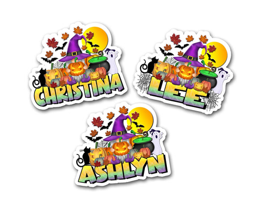 Halloween Name Sticker, Custom Text Sticker, Gnome Black Cat Pumpkin, Personalized Sticker, Cool Fall Sticker, Treat Bag Name Label