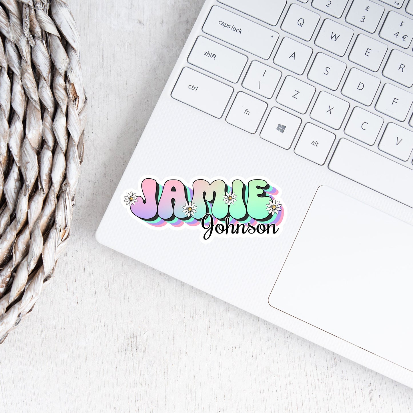 Retro First Last Name Sticker, Custom Text Sticker, Rainbow Personalized Sticker, Laptop Sticker, 60s Hippie Sticker, Daisy Vintage Sticker