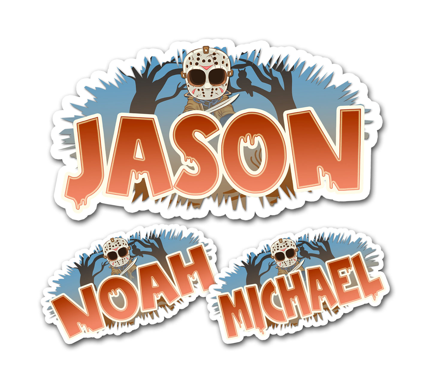 Name Sticker Horror Movie-Theme Slasher Character, Custom Text Sticker, Personalized Scary Film Sticker, Spooky Hockey Mask Halloween Label