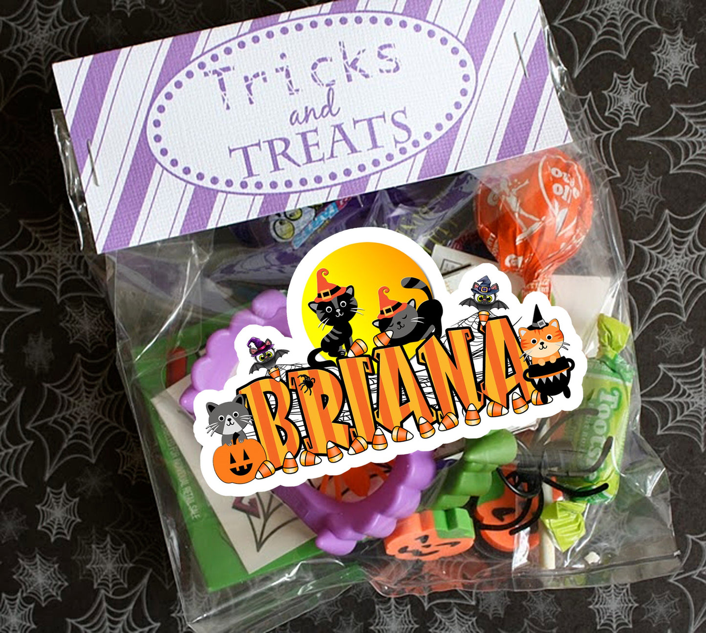 Custom Name Sticker, Black Cats Full Moon Decal, Halloween Party Favor Waterproof Tumbler Label, Spooky Candy Bucket, Creepy Treat Bag Decor