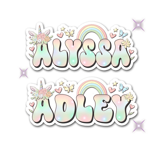 Rainbow Unicorn Name Sticker, Cute Retro Sticker, Custom Text Sticker, Personalized Decal, Water Bottle Sticker, Daycare School Supply Label