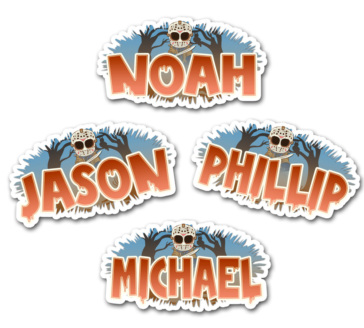 Name Sticker Horror Movie-Theme Slasher Character, Custom Text Sticker, Personalized Scary Film Sticker, Spooky Hockey Mask Halloween Label