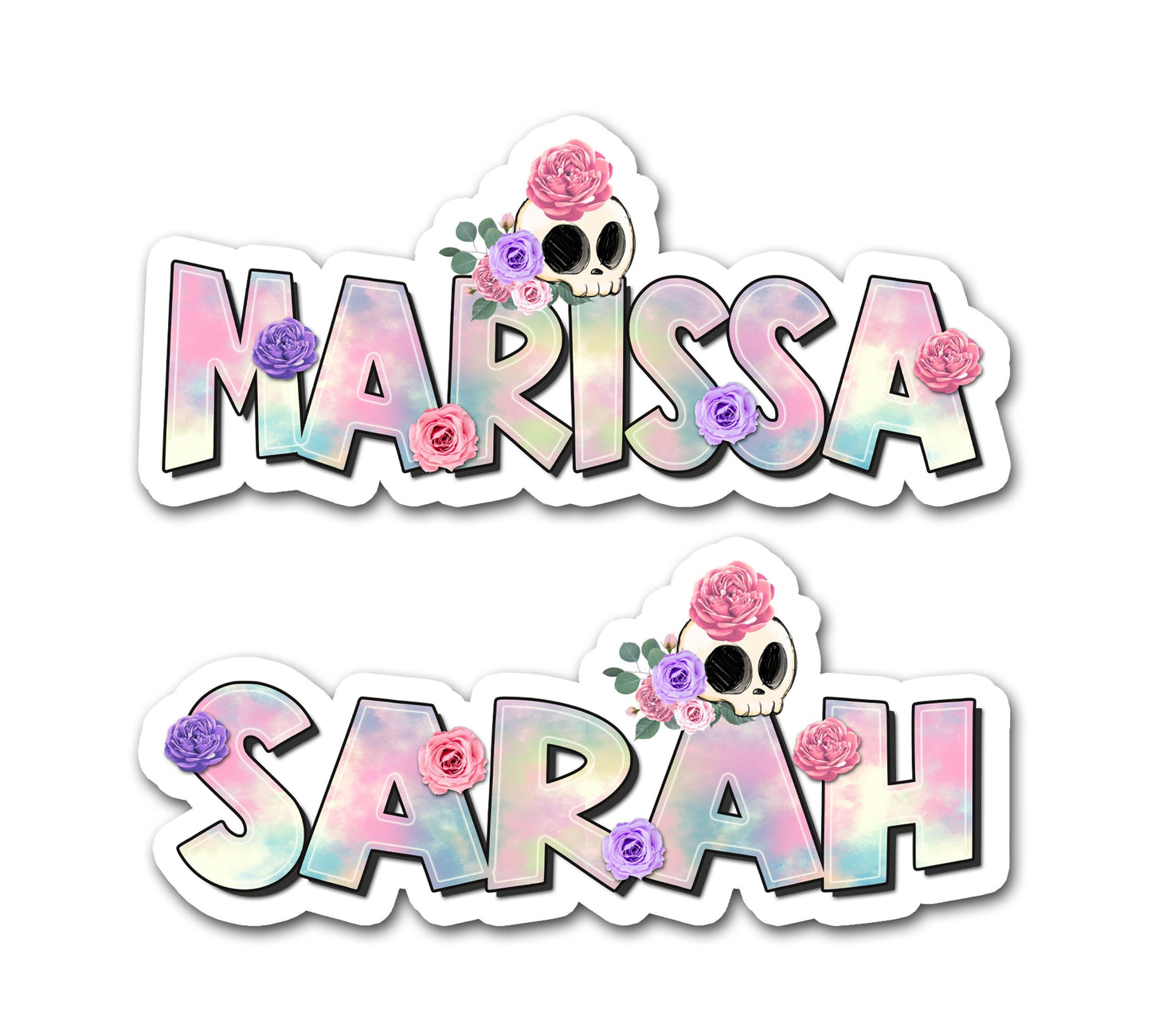 Custom Pink Sugar Skull Name Sticker, Spooky Halloween Decal, Candy Bucket Label, Party Favor Waterproof Tumbler Decor, Creepy Treat Bag Art