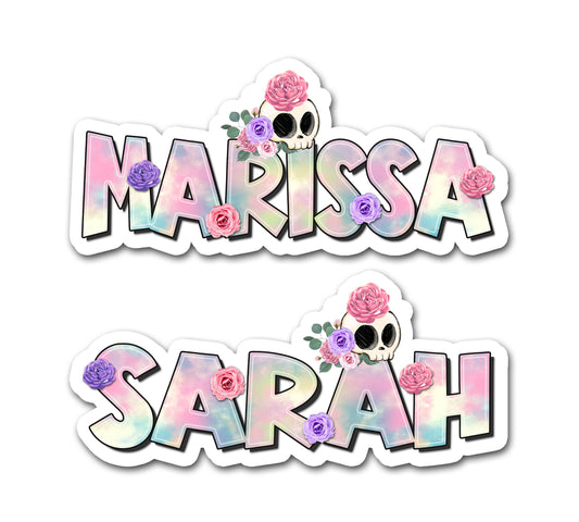 Custom Pink Sugar Skull Name Sticker, Spooky Halloween Decal, Candy Bucket Label, Party Favor Waterproof Tumbler Decor, Creepy Treat Bag Art