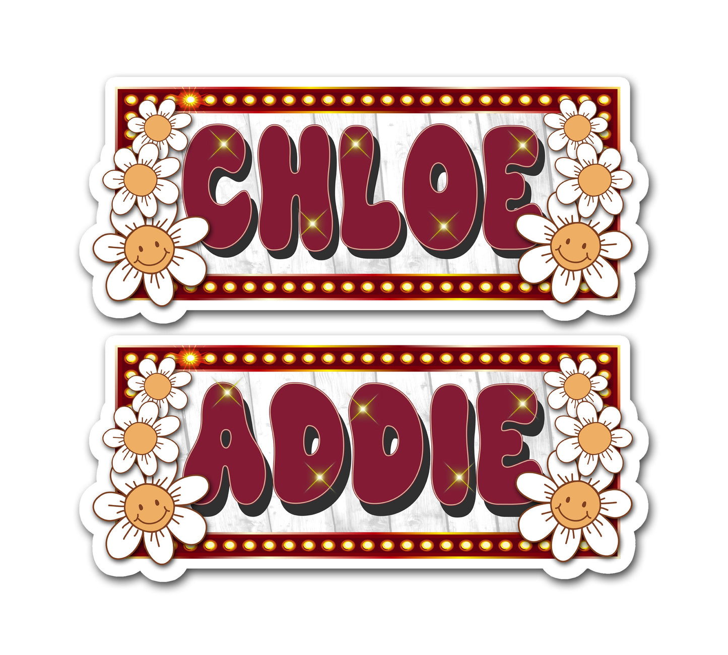 Retro Marquee Custom Name Sticker, Custom Text Sticker, Personalized Decal, Custom Name Sticker, Vintage Hippie Label, Happy Daisy Flowers