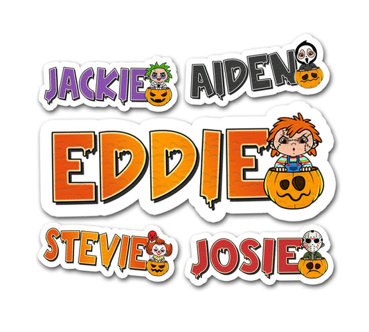 Custom Halloween Slasher Name Sticker, Spooky Horror Movie Decal for Tumblers, Treat Bags, Creepy Decor, Candy Buckets & Party Favors