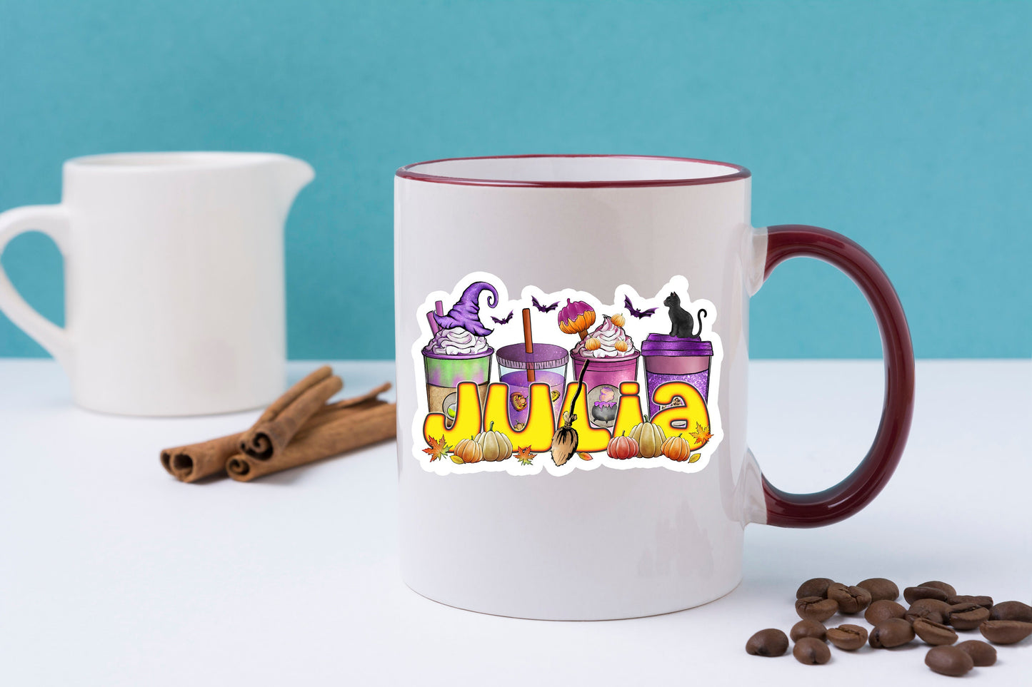 Halloween Pumpkin Spice Custom Name Sticker, Custom Text Sticker, Fall Water Bottle Label, Cute Witch Coffee Decal, Autumn Mug Name Label