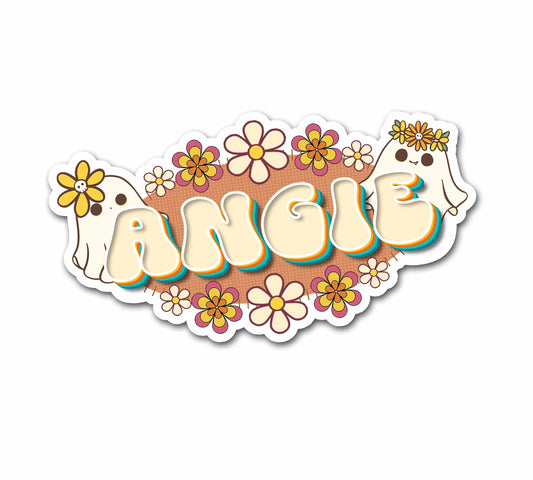 Retro Ghosts Name Sticker, Custom Text Sticker, Halloween Personalized Sticker, Hippie Sticker, Groovy October Theme Treat Bag Name Label