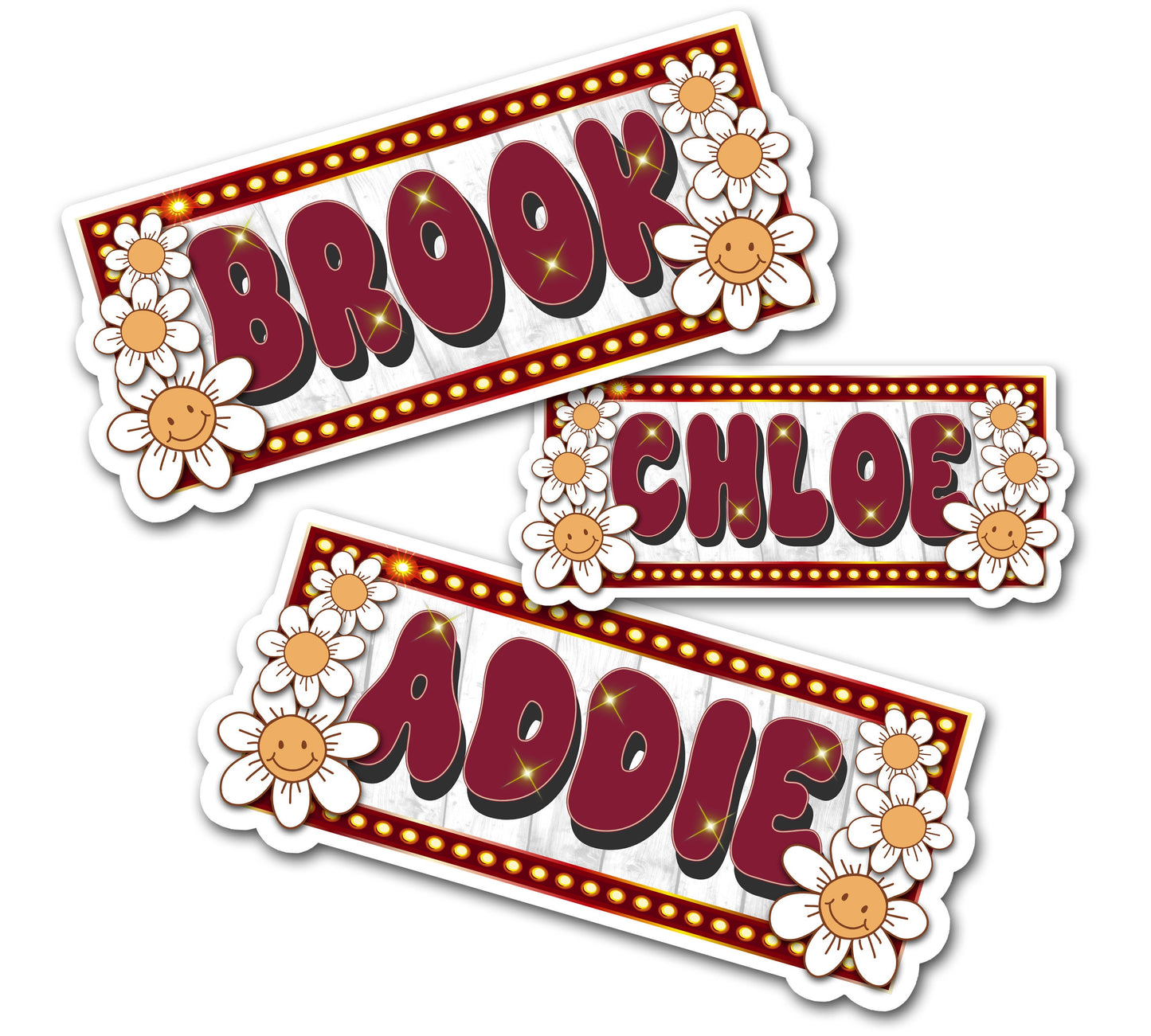 Retro Marquee Custom Name Sticker, Custom Text Sticker, Personalized Decal, Custom Name Sticker, Vintage Hippie Label, Happy Daisy Flowers