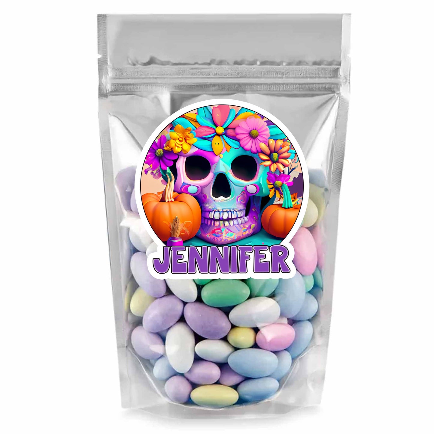 Sugar Scull Name Sticker, Custom Text Sticker, Halloween Personalized Sticker, Hippie Sticker, Groovy October Boo Box Treat Bag Label