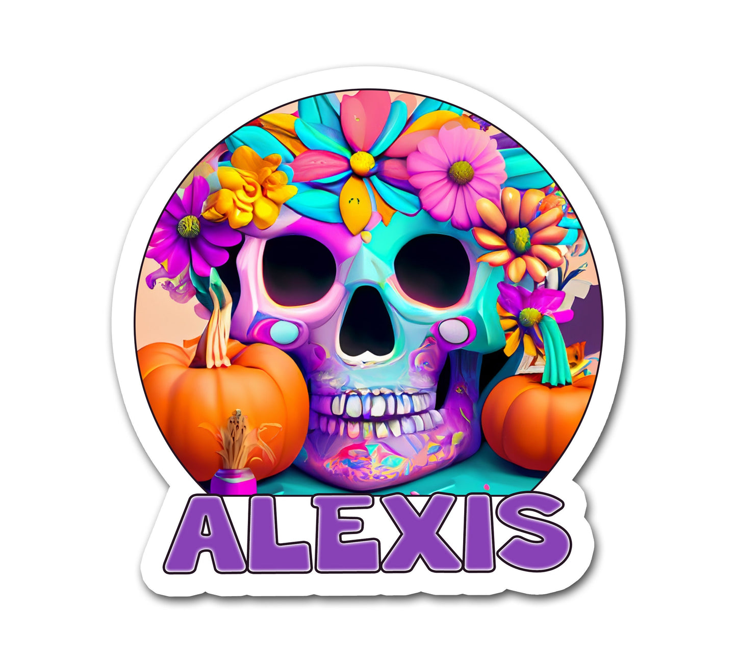 Sugar Scull Name Sticker, Custom Text Sticker, Halloween Personalized Sticker, Hippie Sticker, Groovy October Boo Box Treat Bag Label