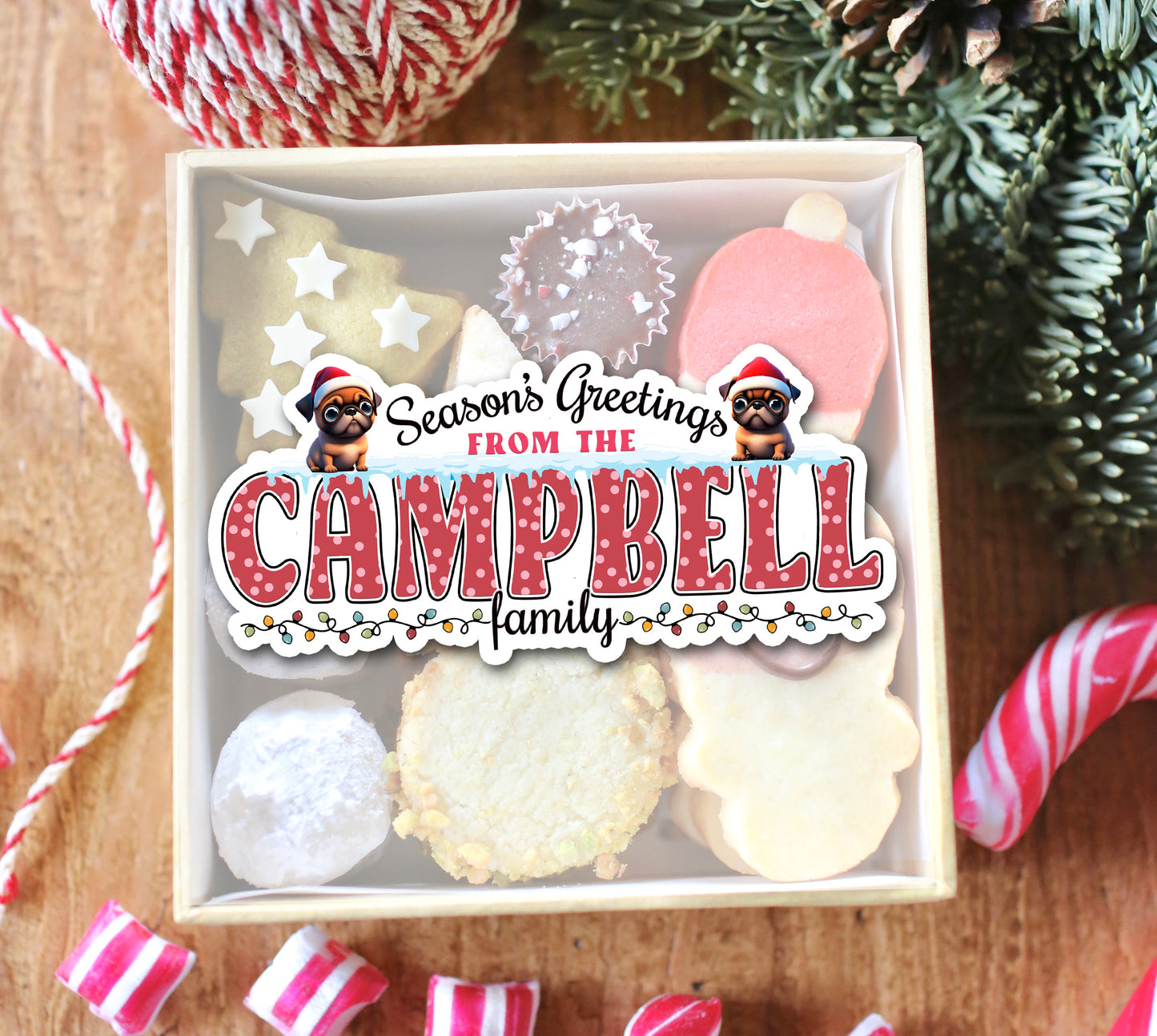 Custom Christmas Stickers, Cute Pug Puppy Holiday Decal,  Personalized Family Name Labels for Gifts, Cards, Xmas Parties & More!