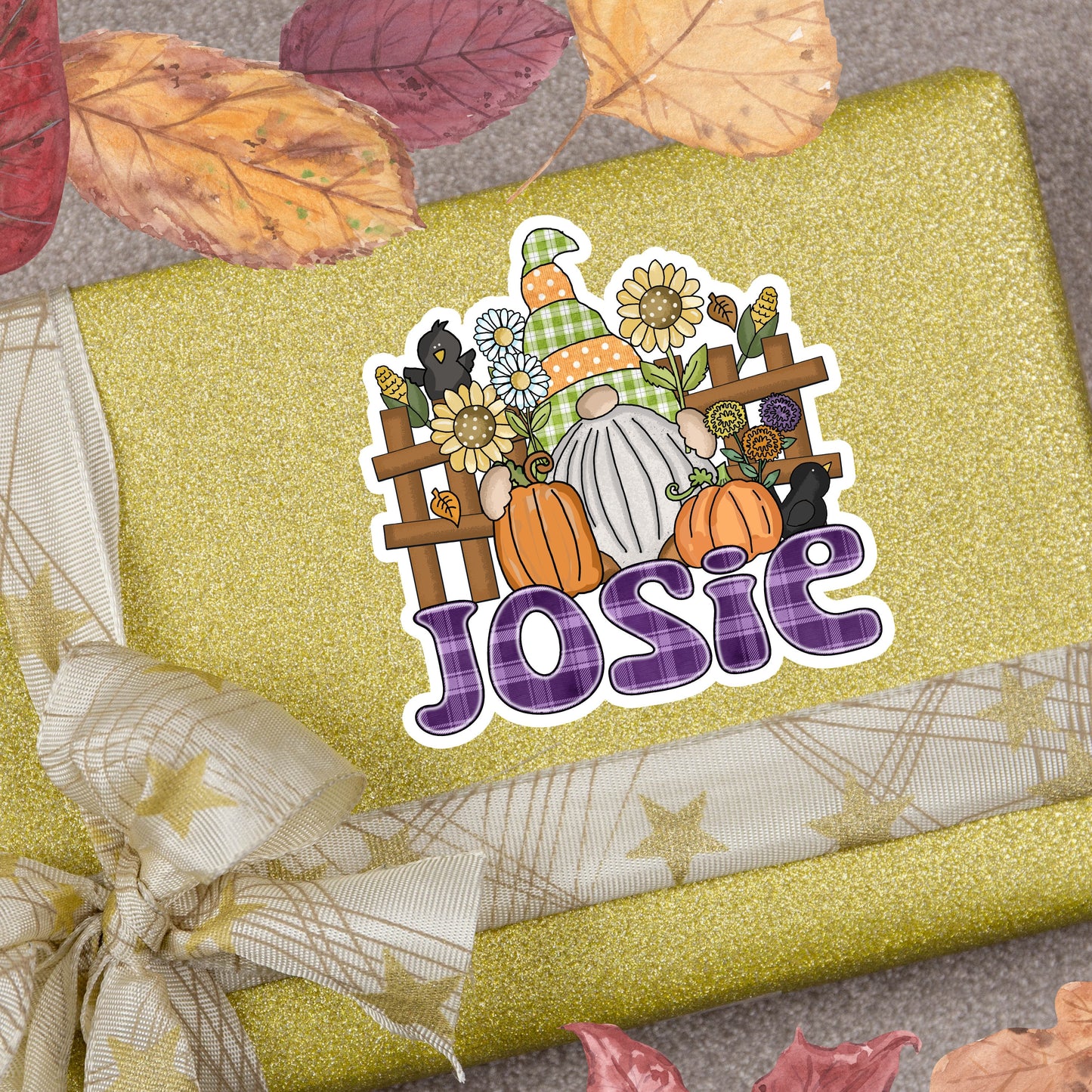 Autumn Gnome Custom Name Sticker, Custom Text Sticker, Fall Water Bottle Decal, Pumpkin Patch Name Label, Autumn Mug Aestetic Sticker