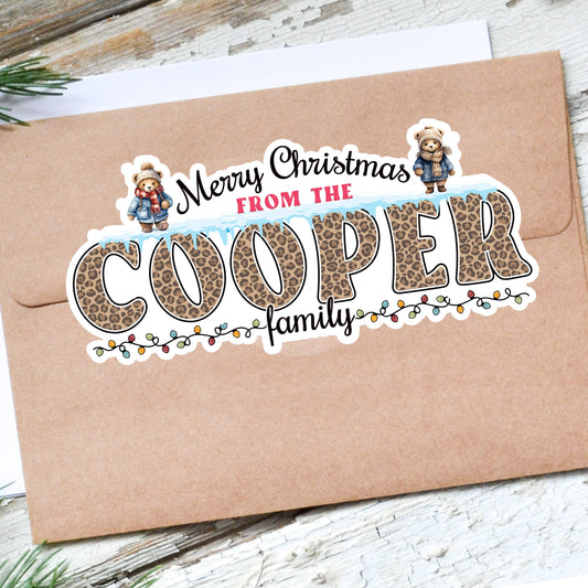 Custom Christmas Stickers, Vintage Winter Bear Holiday Decal, Personalized Family Name Labels for Gifts, Cards, Xmas Parties & More!