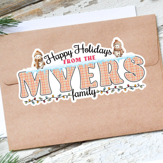 Custom Christmas Stickers, Vintage Winter Snowman Holiday Decal, Personalized Family Name Labels for Gifts, Cards, Xmas Parties & More!