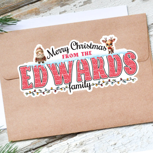 Custom Christmas Stickers, Vintage Santa Reindeer Holiday Decal, Personalized Family Name Labels for Gifts, Cards, Xmas Parties & More!