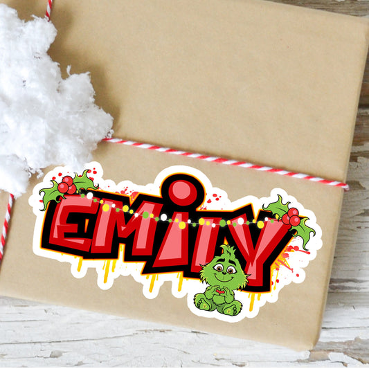 Mean One Custom Name Sticker - Trendy Decorative Decal - Cute Unique Design - Personalized Christmas Gift - Holiday Party Treat Labels