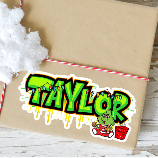 Mean One Custom Name Sticker - Trendy Decorative Decal - Cute Unique Design - Personalized Christmas Gift - Holiday Party Treat Labels