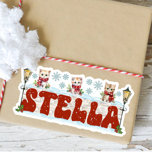 Christmas Cats Name Sticker, Personalized Gift Label, Custom Kitten Text Decal, Holiday Party Favor Tags, Cute Stocking Stuffers for Kids