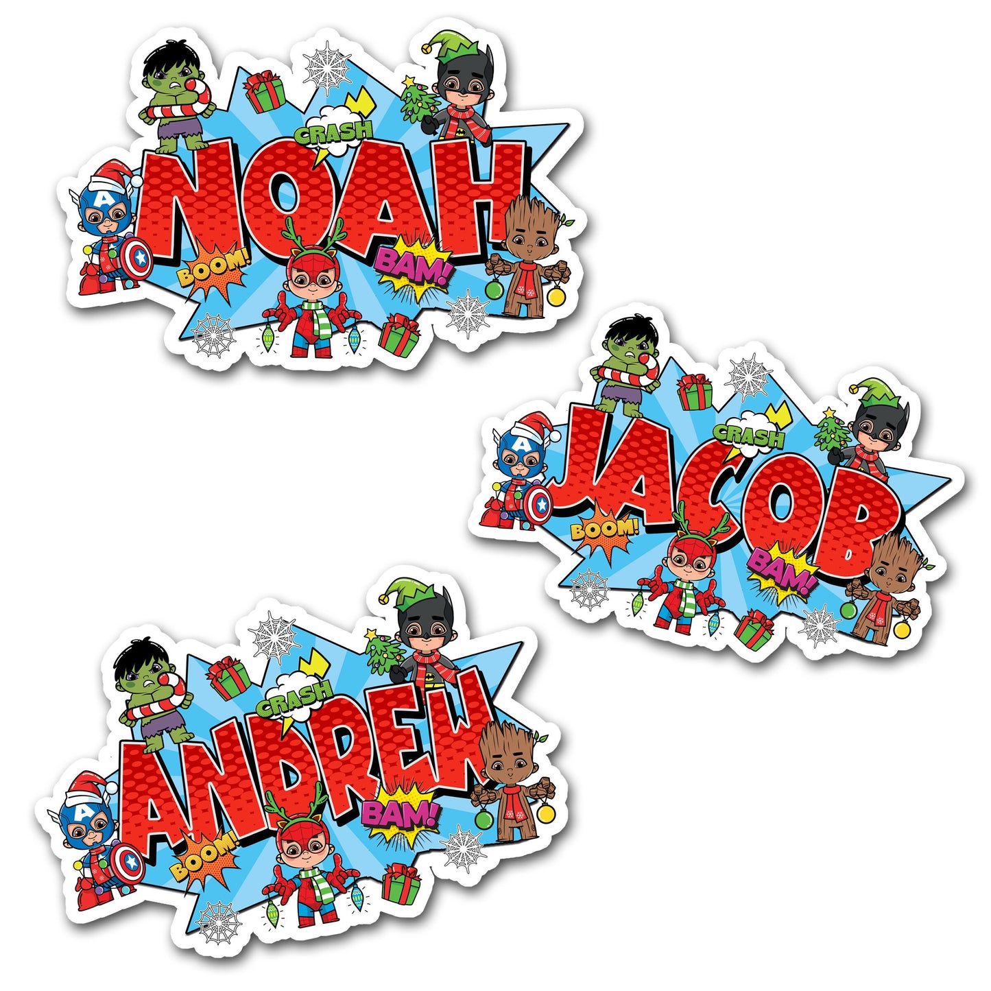 Custom Name Superhero Kids Sticker: Personalized Holiday Party Favor for Boys, Christmas Gift Tag, Cookie Label, Cool Comic Stocking Stuffer