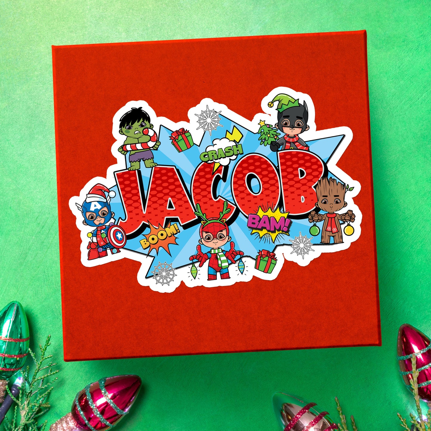 Custom Name Superhero Kids Sticker: Personalized Holiday Party Favor for Boys, Christmas Gift Tag, Cookie Label, Cool Comic Stocking Stuffer