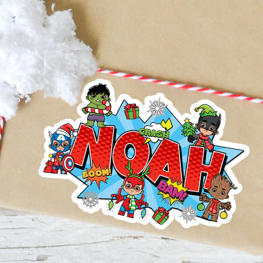 Custom Name Superhero Kids Sticker: Personalized Holiday Party Favor for Boys, Christmas Gift Tag, Cookie Label, Cool Comic Stocking Stuffer