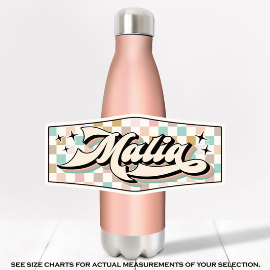 Customize Your Water Bottle, Retro Name Sticker, Personalized Laptop Decal, Vintage Hippie Style, Vintage Checkers, Water Bottle Label