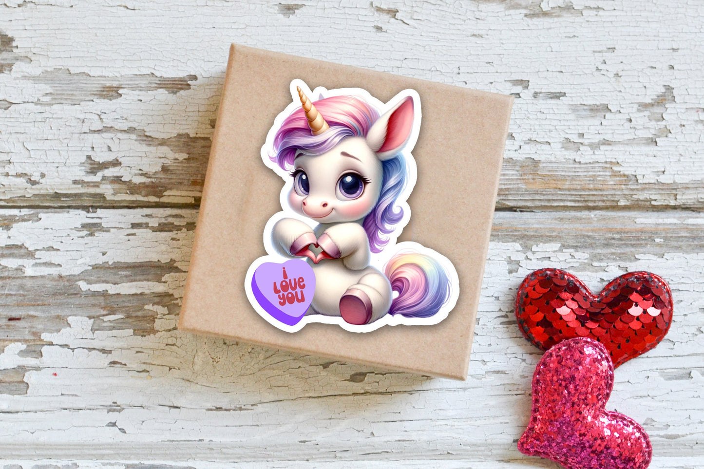 Cute Valentine Sticker, Sweetheart Animal Sticker, Personalized Sticker, Custom Text Sticker, Unicorn, Heart Candy Message Love Sticker