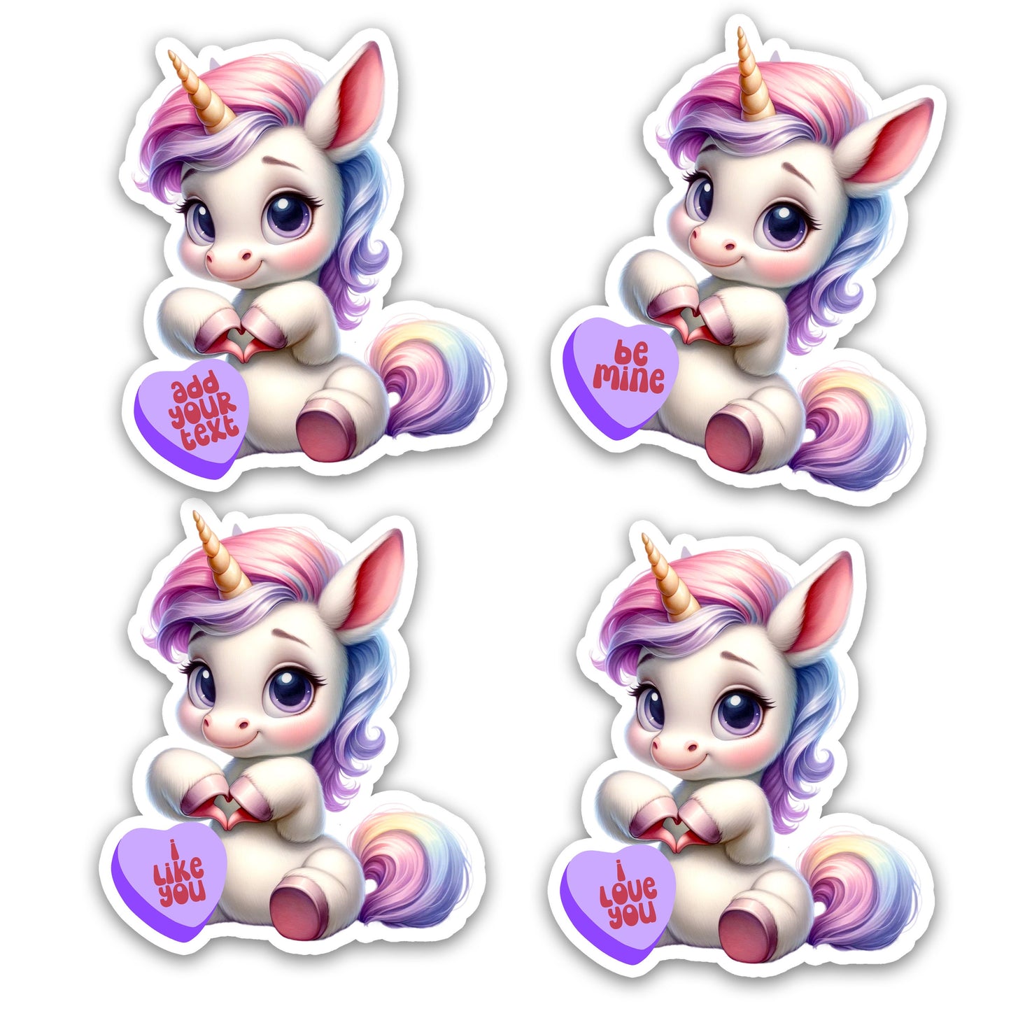 Cute Valentine Sticker, Sweetheart Animal Sticker, Personalized Sticker, Custom Text Sticker, Unicorn, Heart Candy Message Love Sticker