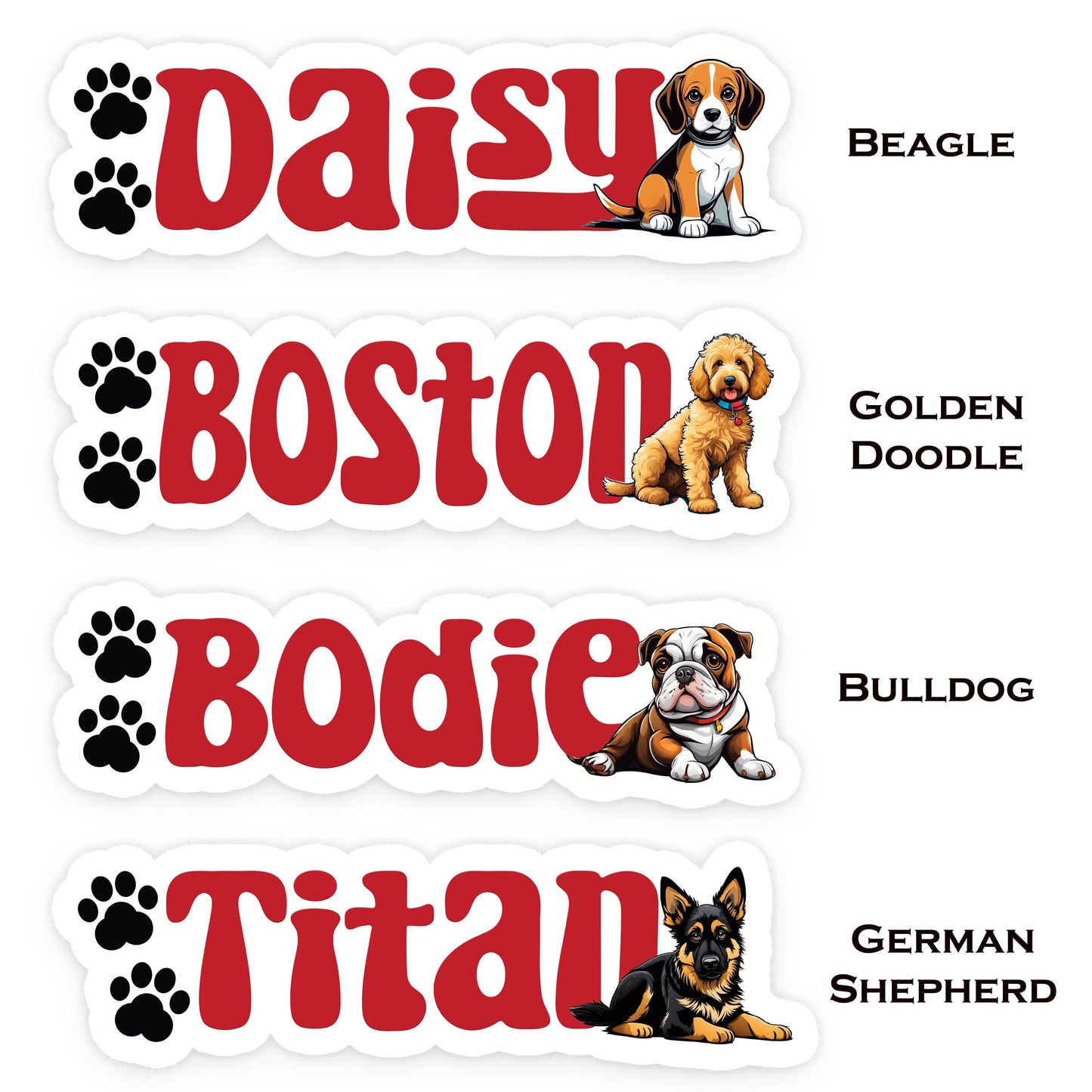 Custom Pet Stickers Popular Breeds, Perfect for Dog Bowls, Feeding stations, Kennles and more! Personalized Waterproof Doggie Name Label