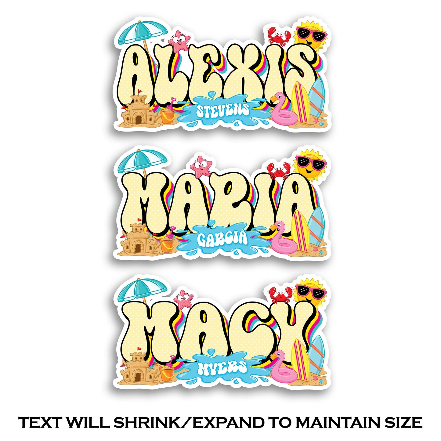 Beach Custom Name Sticker, Personalized Hippie Label for Water Bottles, Laptops, School Supplies, Camp, Daycare & More - Retro Design