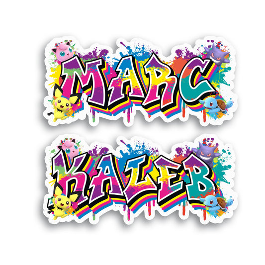 Custom Sticker with Name, Anime 90s card game theme, bright colors, graffiti