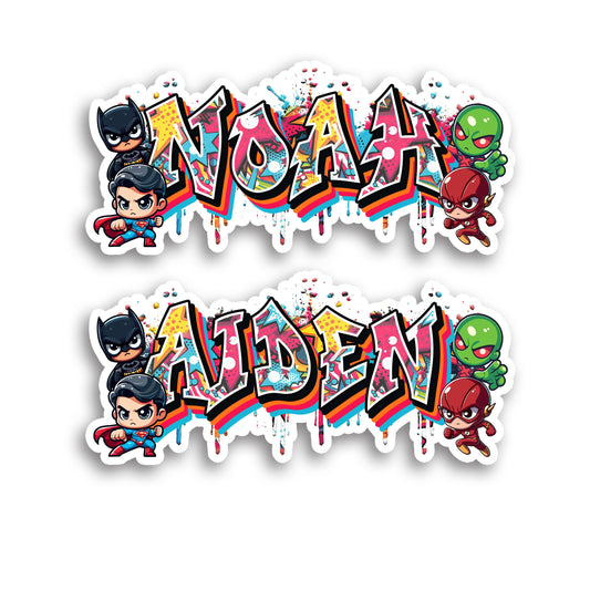 Graffiti Superhero Custom Name Sticker, Water Bottle Decal, Waterproof Sticker, School Supply Label, Stickers for Kids, Comic Book Style