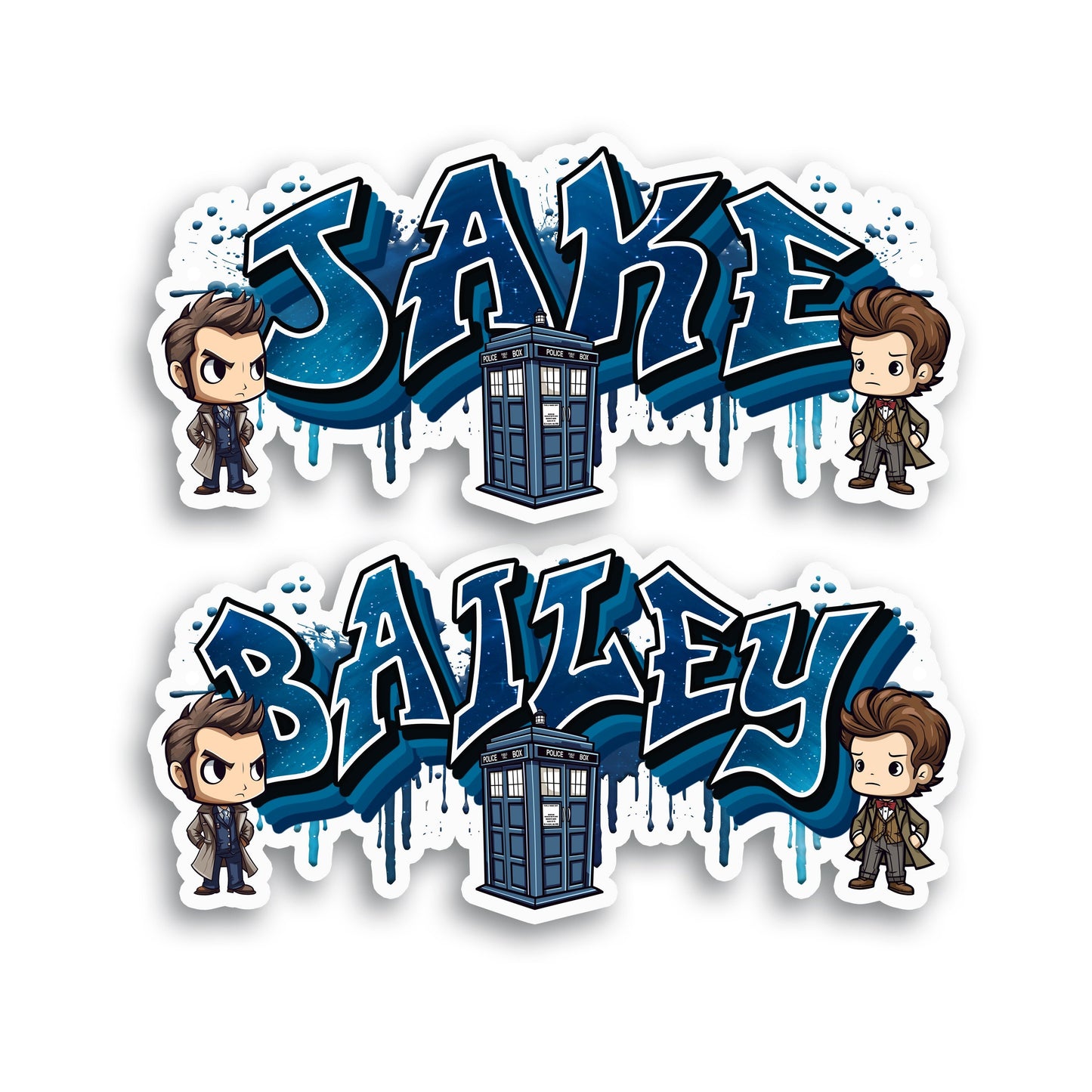 British time traveler custom name sticker, featuring police box and characters