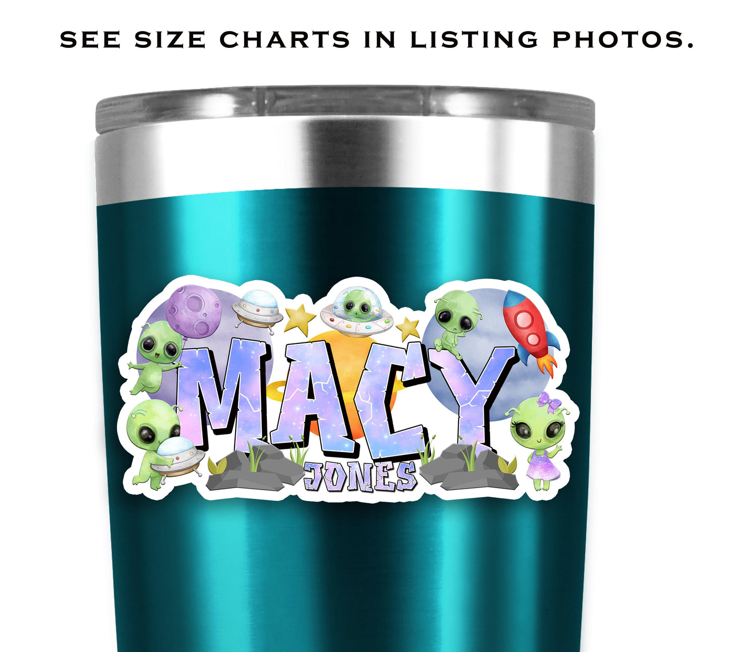 Space Alien Custom Name Sticker, Cute UFO Water Bottle Decal, Personalized Waterproof Sticker, Back to School Label, Cool Stickers for Kids