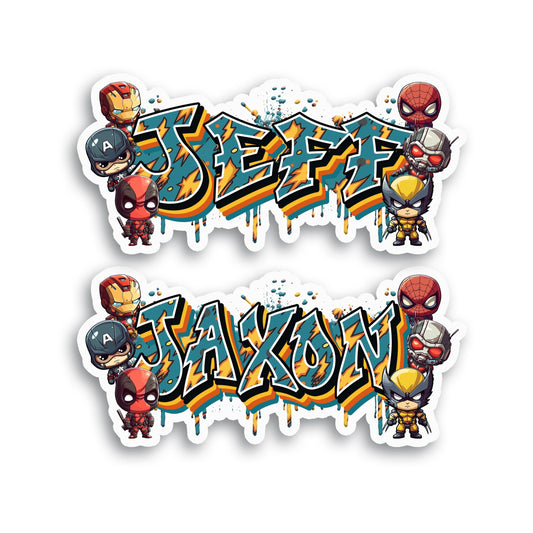 Graffiti Superhero Custom Name Sticker, Water Bottle Decal, Waterproof Sticker, School Supply Label, Stickers for Kids, Comic Book Style