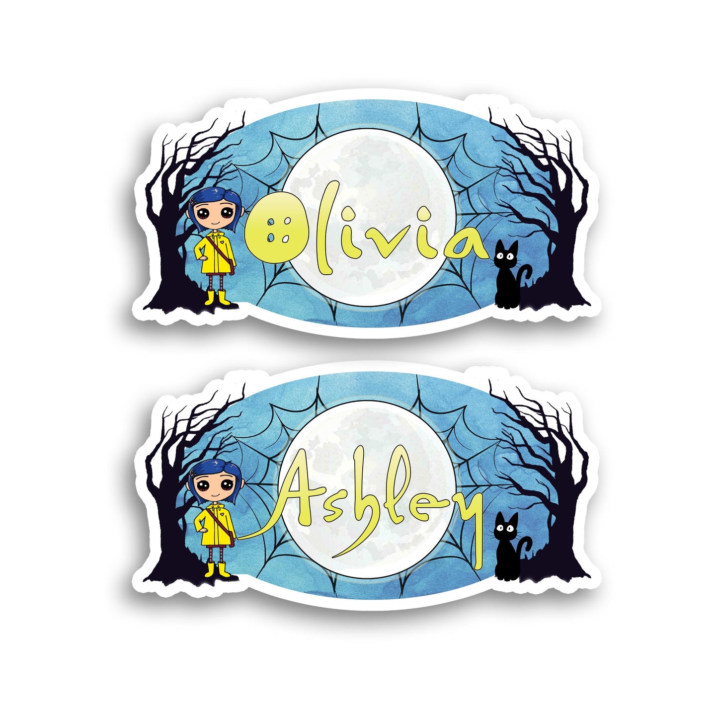 Creepy Gothic Doll Custom Name Sticker, Dark Blue-Hair Girl Sticker, Water Bottle Stickers, Spooky Button-Eyes Character Halloween Labels