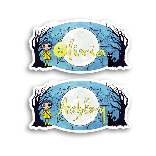 Creepy Gothic Doll Custom Name Sticker, Dark Blue-Hair Girl Sticker, Water Bottle Stickers, Spooky Button-Eyes Character Halloween Labels