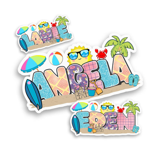 Custom Beach Day Name Sticker – Ocean Sea Life Decal, Cute Vacation Label, Waterproof Vinyl for Tumblers, Laptops, Gifts