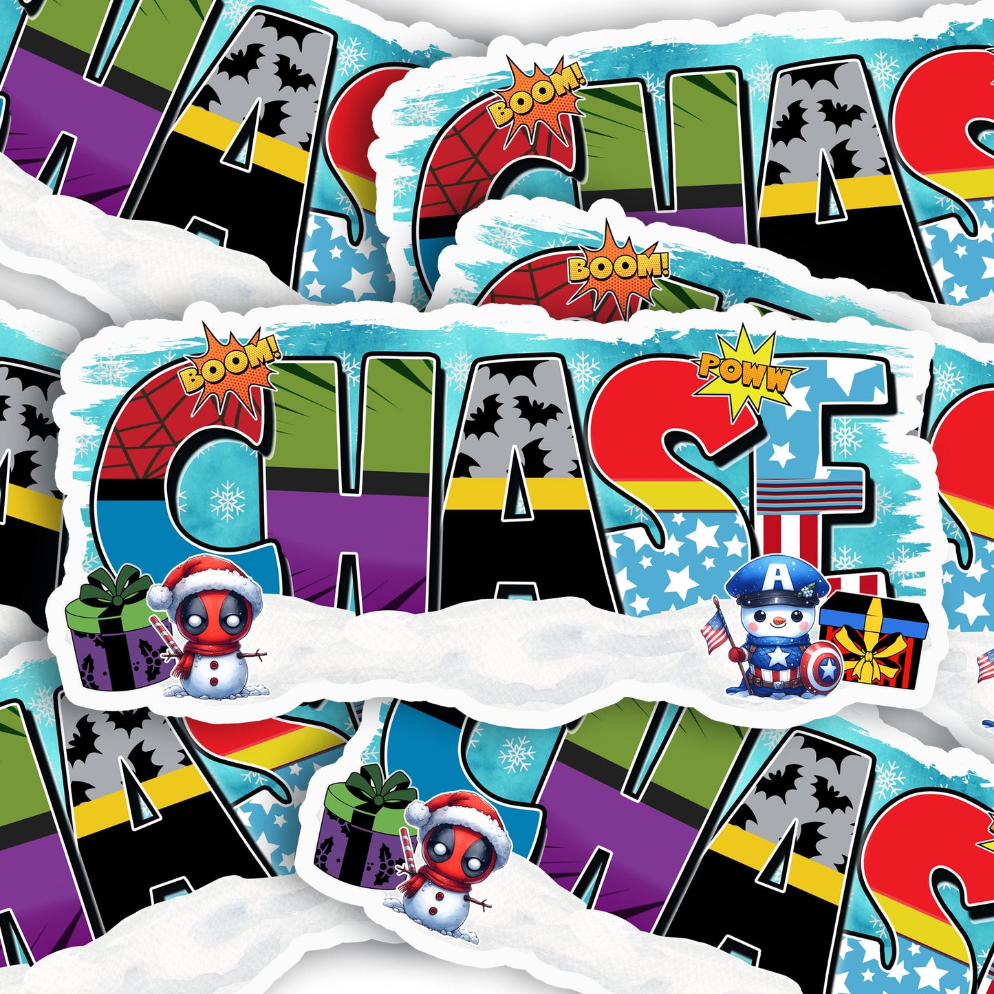 Custom Comic Name Stickers | Superhero Snowman Winter | Waterproof Labels for Kids | Cute Holiday Stocking Stuffer & Party Treat Bag Decals