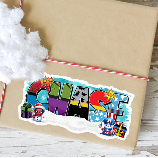 Custom Comic Name Stickers | Superhero Snowman Winter | Waterproof Labels for Kids | Cute Holiday Stocking Stuffer & Party Treat Bag Decals