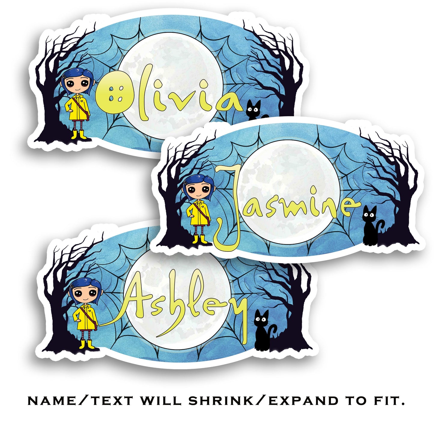 Creepy Gothic Doll Custom Name Sticker, Dark Blue-Hair Girl Sticker, Water Bottle Stickers, Spooky Button-Eyes Character Halloween Labels