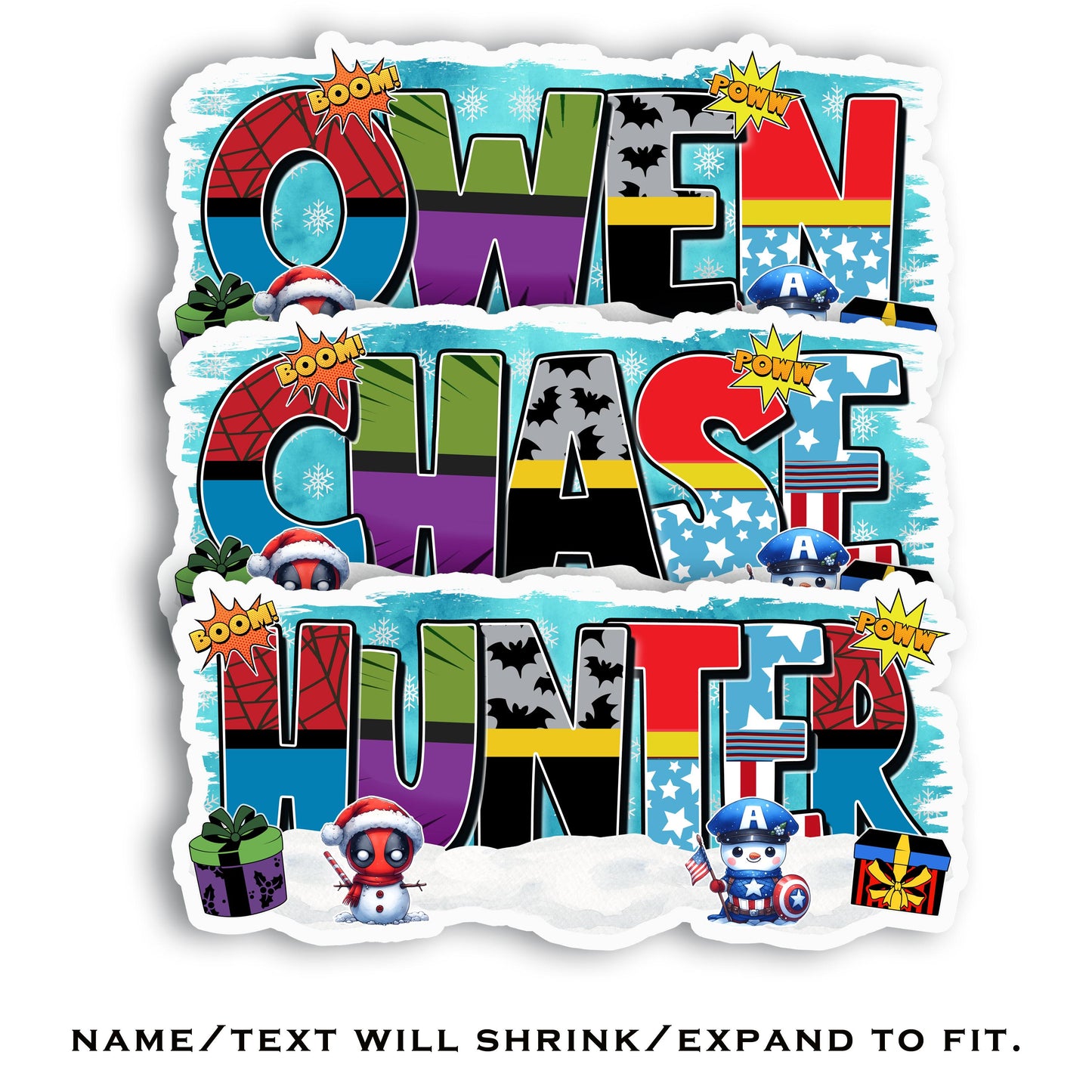 Custom Comic Name Stickers | Superhero Snowman Winter | Waterproof Labels for Kids | Cute Holiday Stocking Stuffer & Party Treat Bag Decals