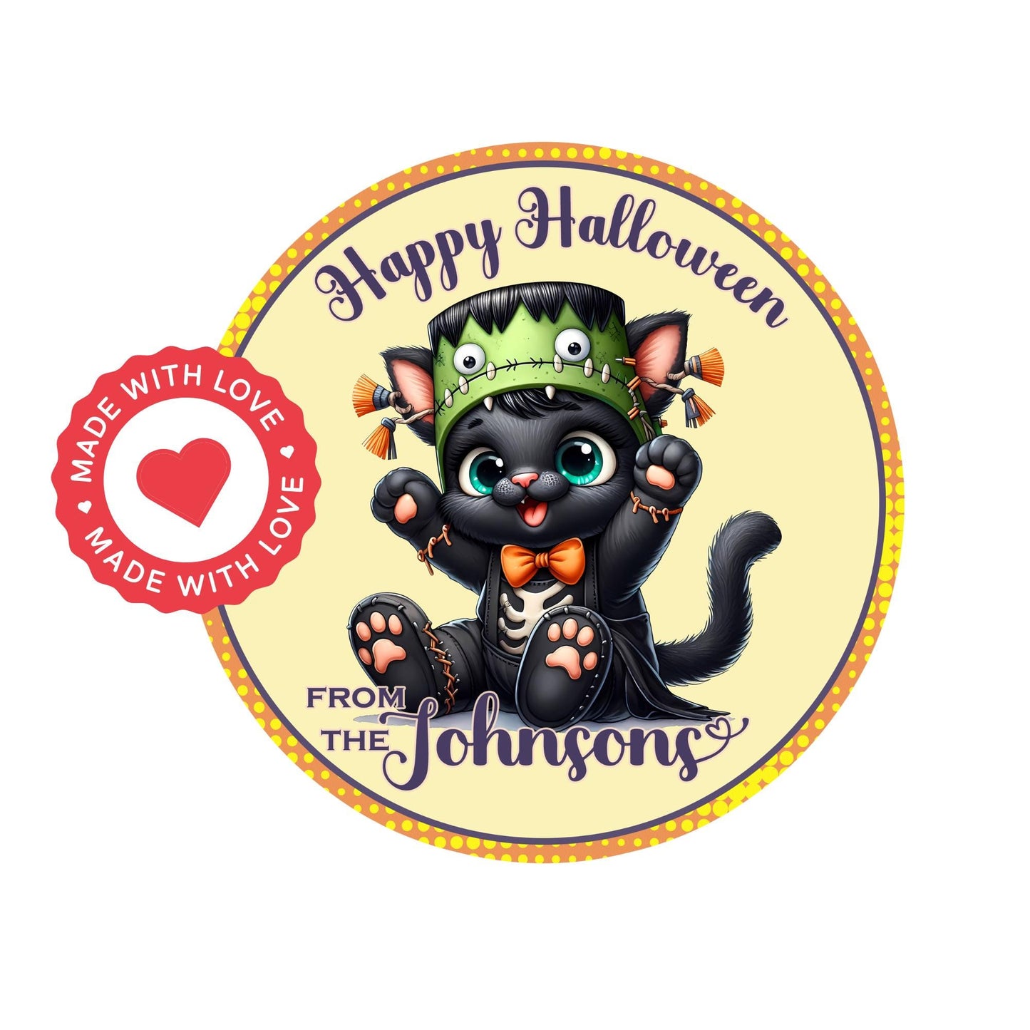 Personalized Cute Black Cat Halloween Stickers, Custom Name Labels for Party Favors, Gifts, or Decor, Fun & Festive Trunk or Treats Labels