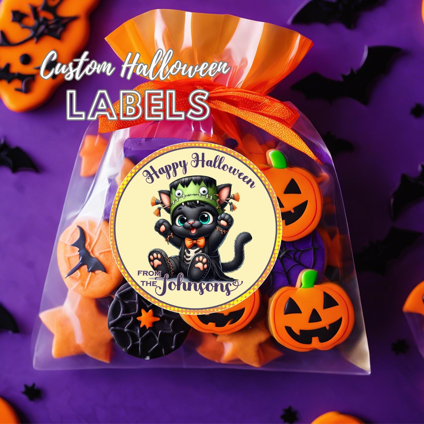 Personalized Cute Black Cat Halloween Stickers, Custom Name Labels for Party Favors, Gifts, or Decor, Fun & Festive Trunk or Treats Labels