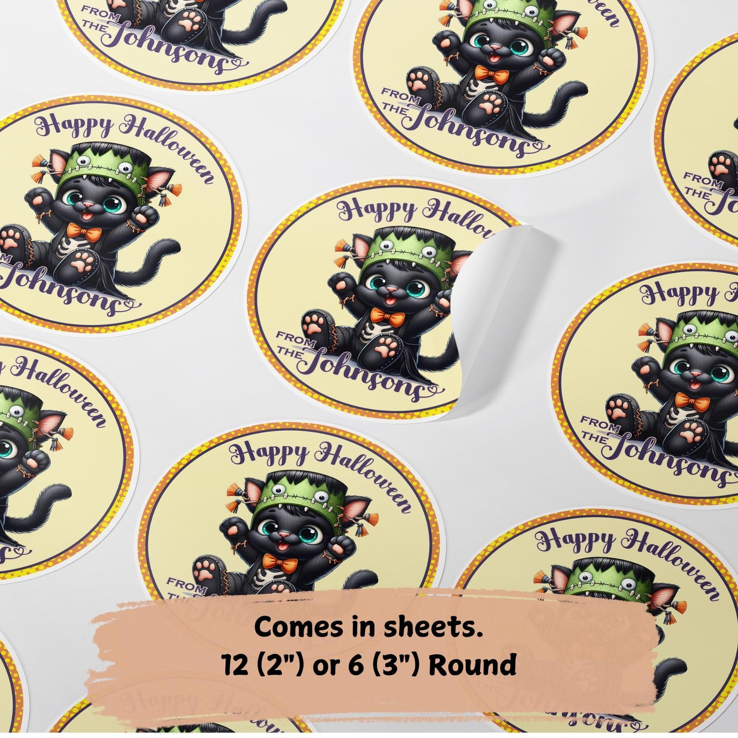 Personalized Cute Black Cat Halloween Stickers, Custom Name Labels for Party Favors, Gifts, or Decor, Fun & Festive Trunk or Treats Labels